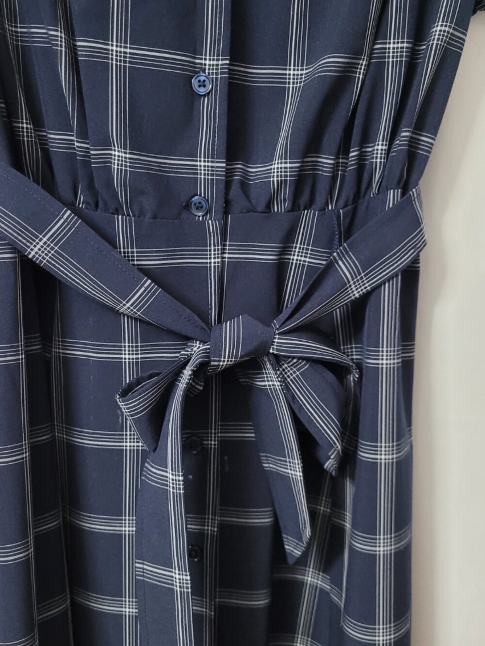 NWT Calvin Klein Navy Windowpane Plaid Belted Midi Shirt Dress - Picture 6 of 13